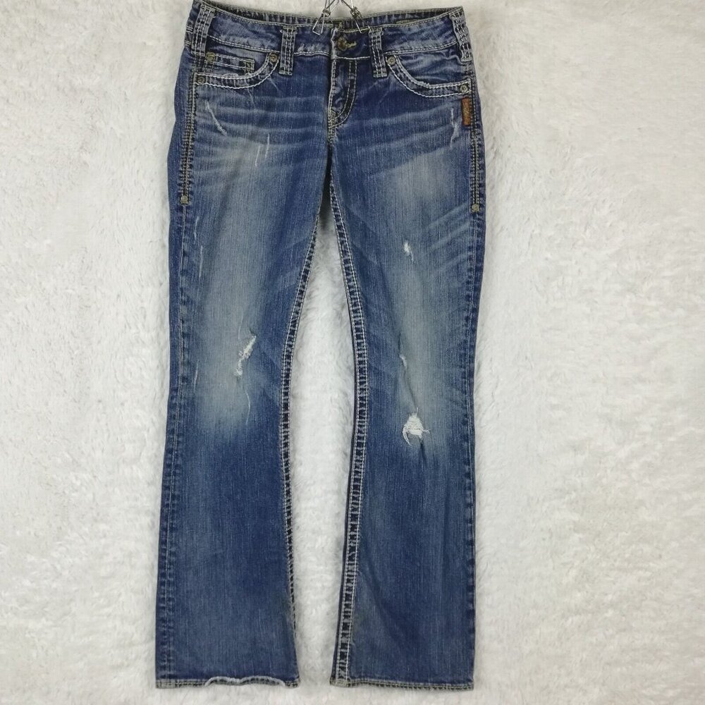 Silver Womens Jeans Pioneer Bootcut Blue Denim Low Rise Stone Wash Distressed 29